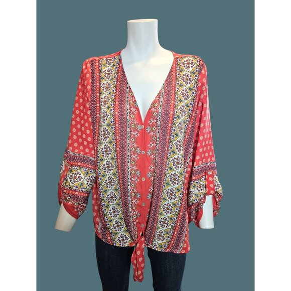 2/$35-West Kei V-Neck Boho Tie Front Roll Tab Sleeves Blouse Women XL - Picture 4 of 8